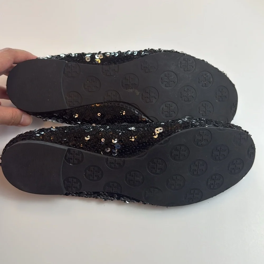 Tory Burch Black Leather Sequin Loafers with Classic Slip-On Design Size 8.5